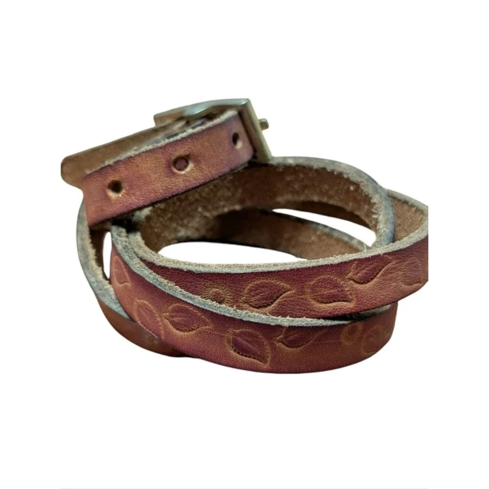 Vintage Tooled Leather Skinny Belt Floral Embossed Boho Wrap nature western